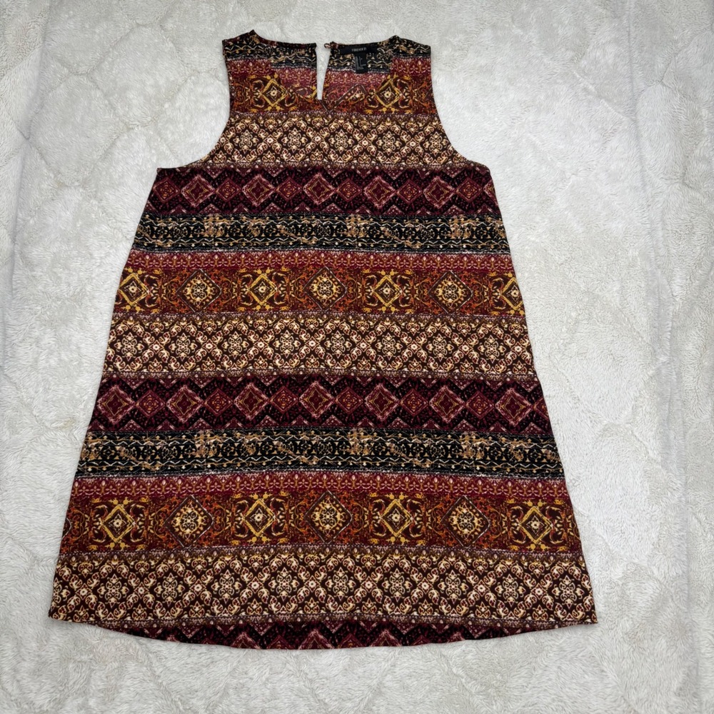 Forever 21 Dress Womens L Burgundy Boho Geometric Tribal Shift Sleeveless Fall